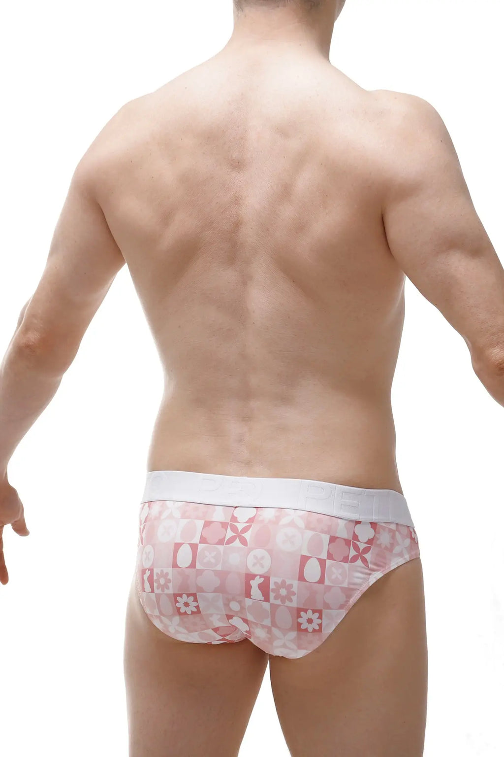 Petitq brief protruder pink bunny men’s briefs in pink and white geometric pattern with soft stretch fabric