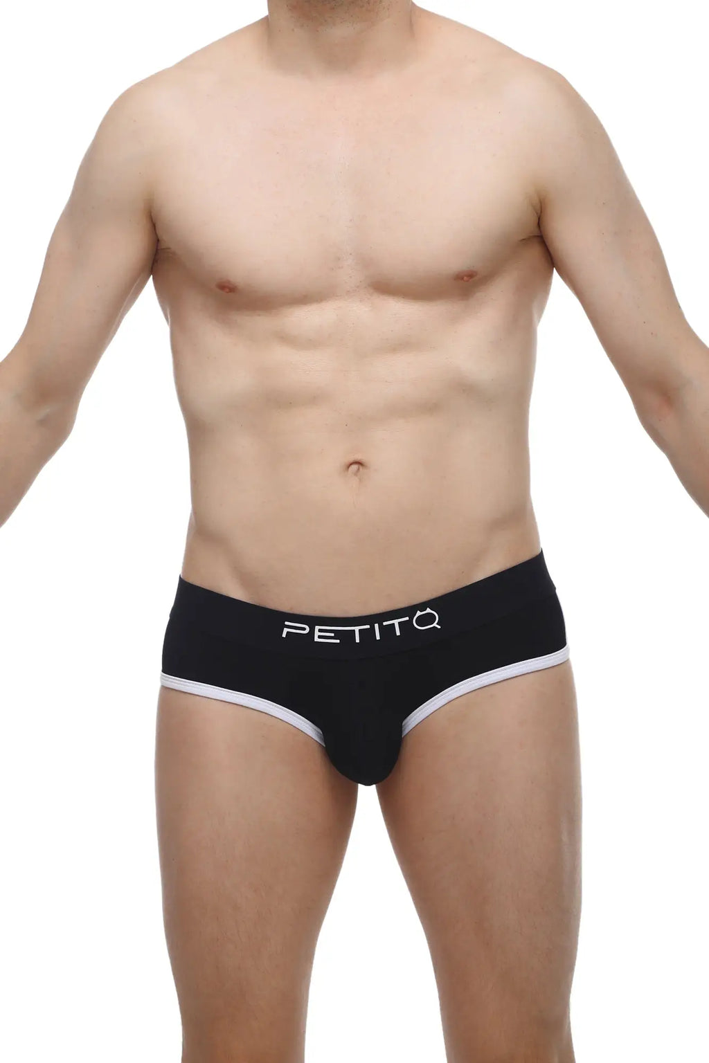 Black petitq briefs with white trim and logo made from modal fabric for comfortable everyday wear