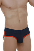Navy blue PetitQ brief retro modal with bold orange trim along sides and waistband in front view