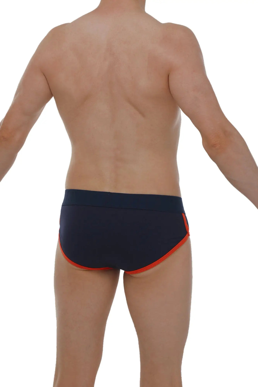Navy blue petitq brief retro modal swim trunks with orange trim made of soft modal fabric for comfortable wear