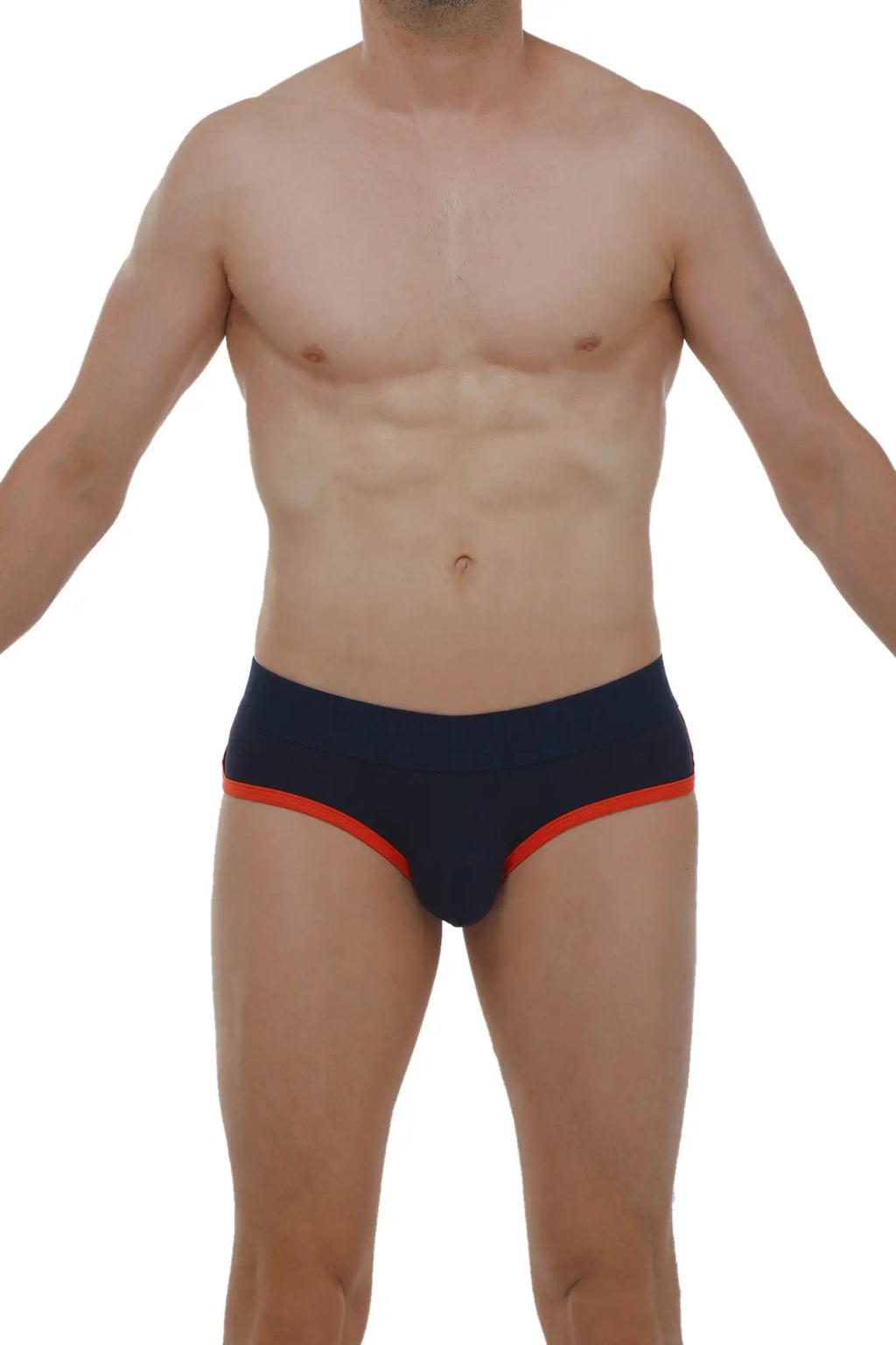 Navy blue briefs with vibrant orange trim in modal fabric from petitq brief retro modal navy collection