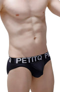 Black petitq brief taik econyl mens briefs with white logo waistband made from recycled econyl material