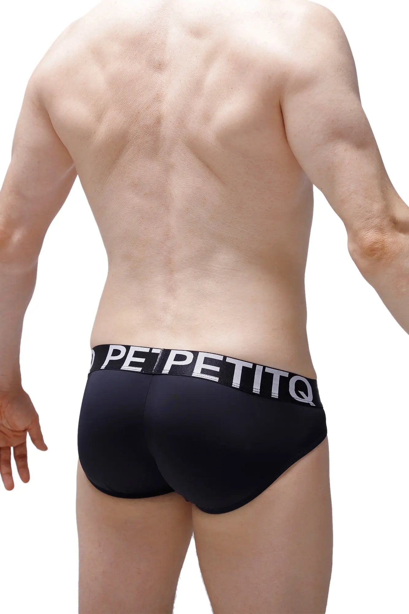 Black petitq briefs with a white logo band made from econyl for sustainable comfort and support