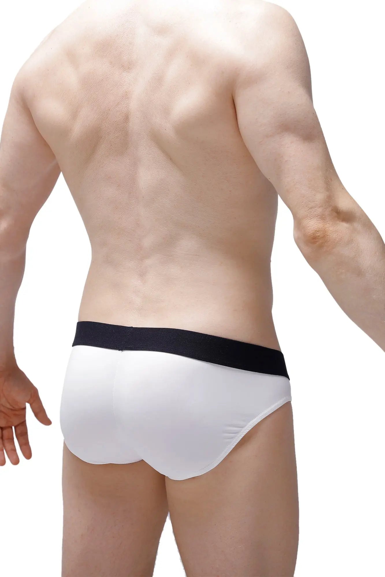 White briefs with a black waistband made from econyl by petitq for eco-friendly comfort