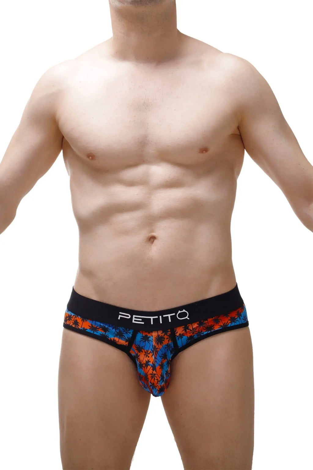Men’s petitq brief temae in vibrant orange and blue tropical palm tree pattern with black branded waistband