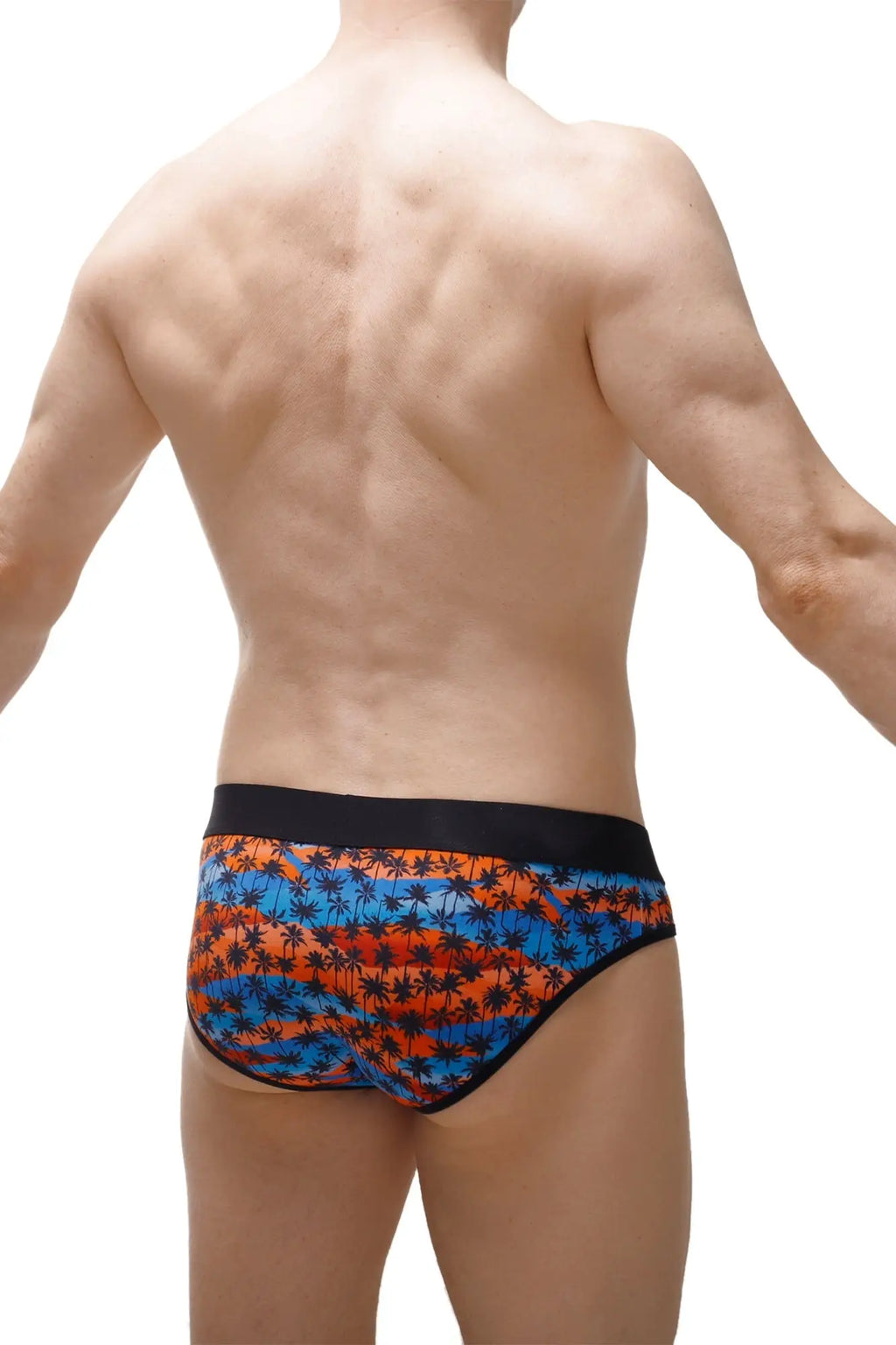 PetitQ brief Temae swim trunks with vibrant orange and blue stripes black palm tree pattern and elastic waistband