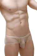 Beige mesh briefs with a subtle perforated pattern and small red logo on waistband petitq brief toga durtol nude