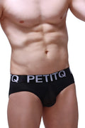 Black petitq brief vic with contrasting white logo band designed for comfortable everyday wear