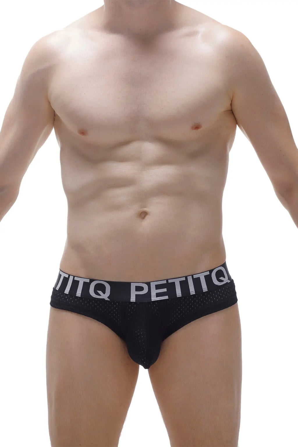 Black mesh petitq cheeky brief with white logo waistband designed for comfortable everyday wear