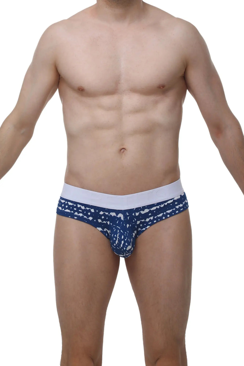 PetitQ cheeky brief new denim blue and white patterned men’s briefs with solid white waistband front view