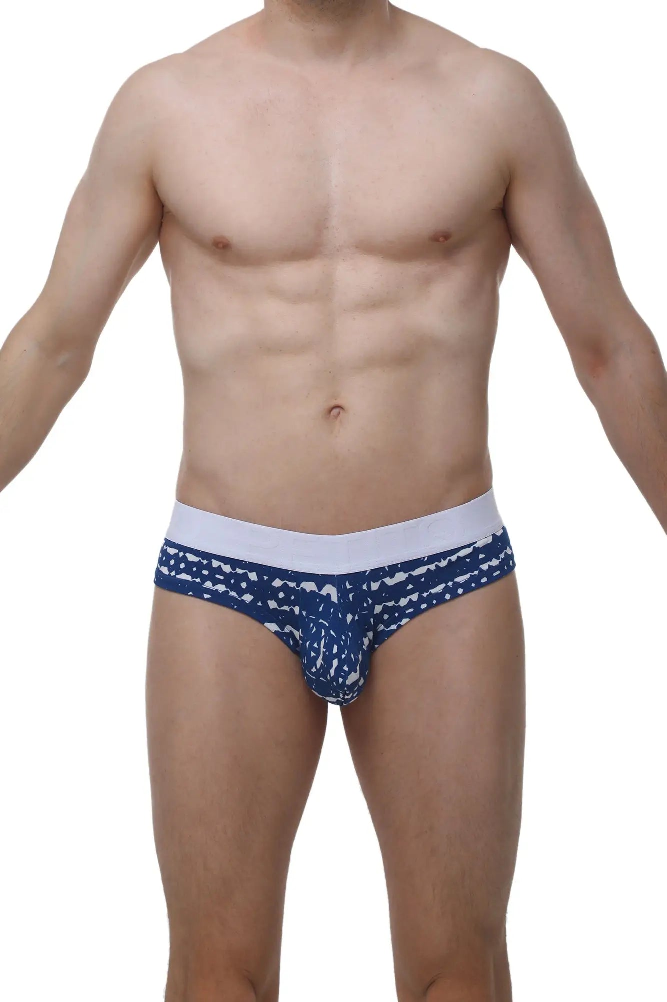 PetitQ cheeky brief new denim blue and white patterned men’s briefs with solid white waistband front view