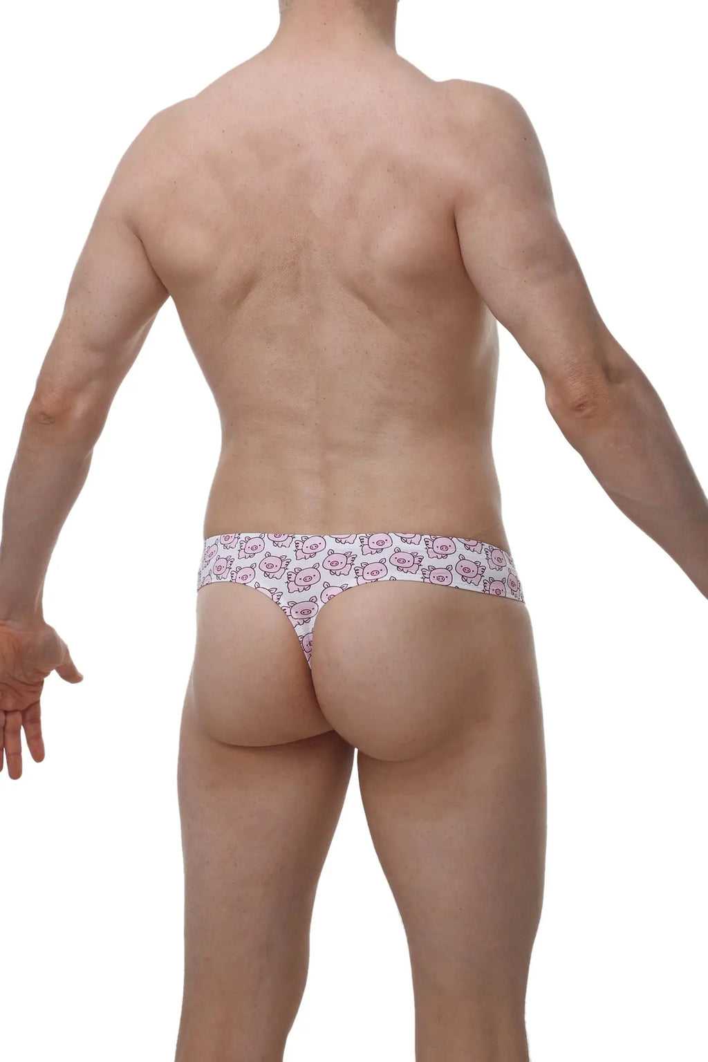 White thong with pink cartoon cat faces pattern from petitq cheeky thong piggy love collection for playful wear