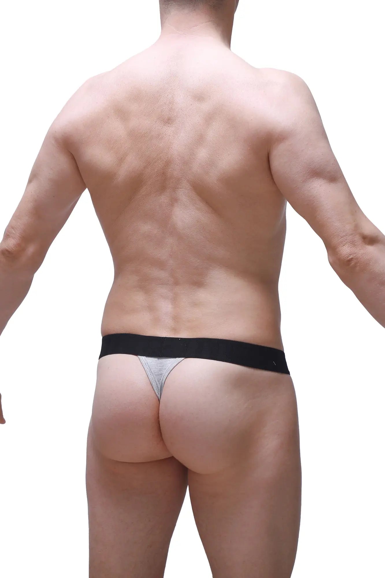 Silver petitq g-string attin gray thong with black waistband shown from the back with metallic finish