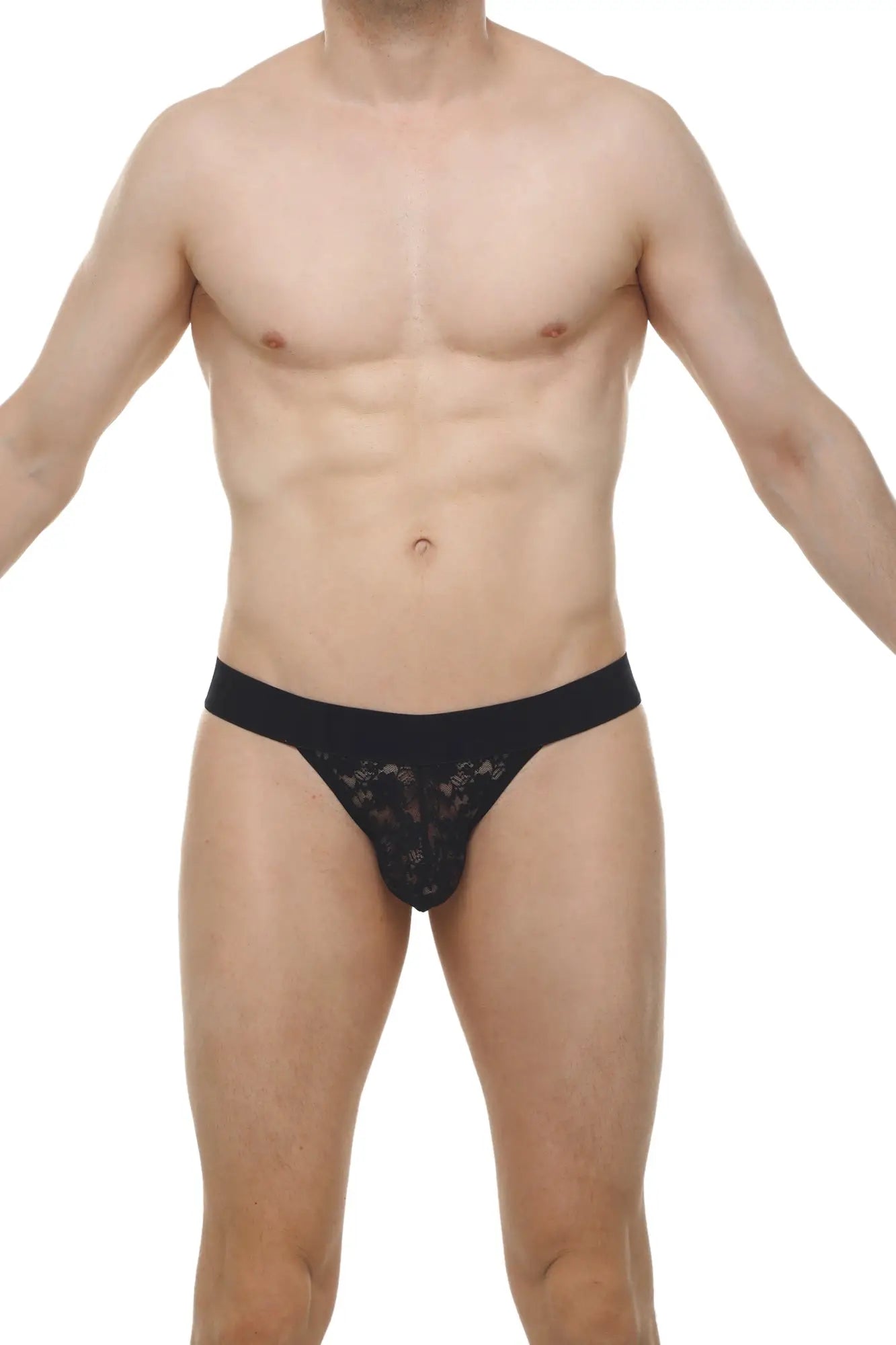 Black lace thong g-string Aubiat lace black with solid waistband shown from the back side