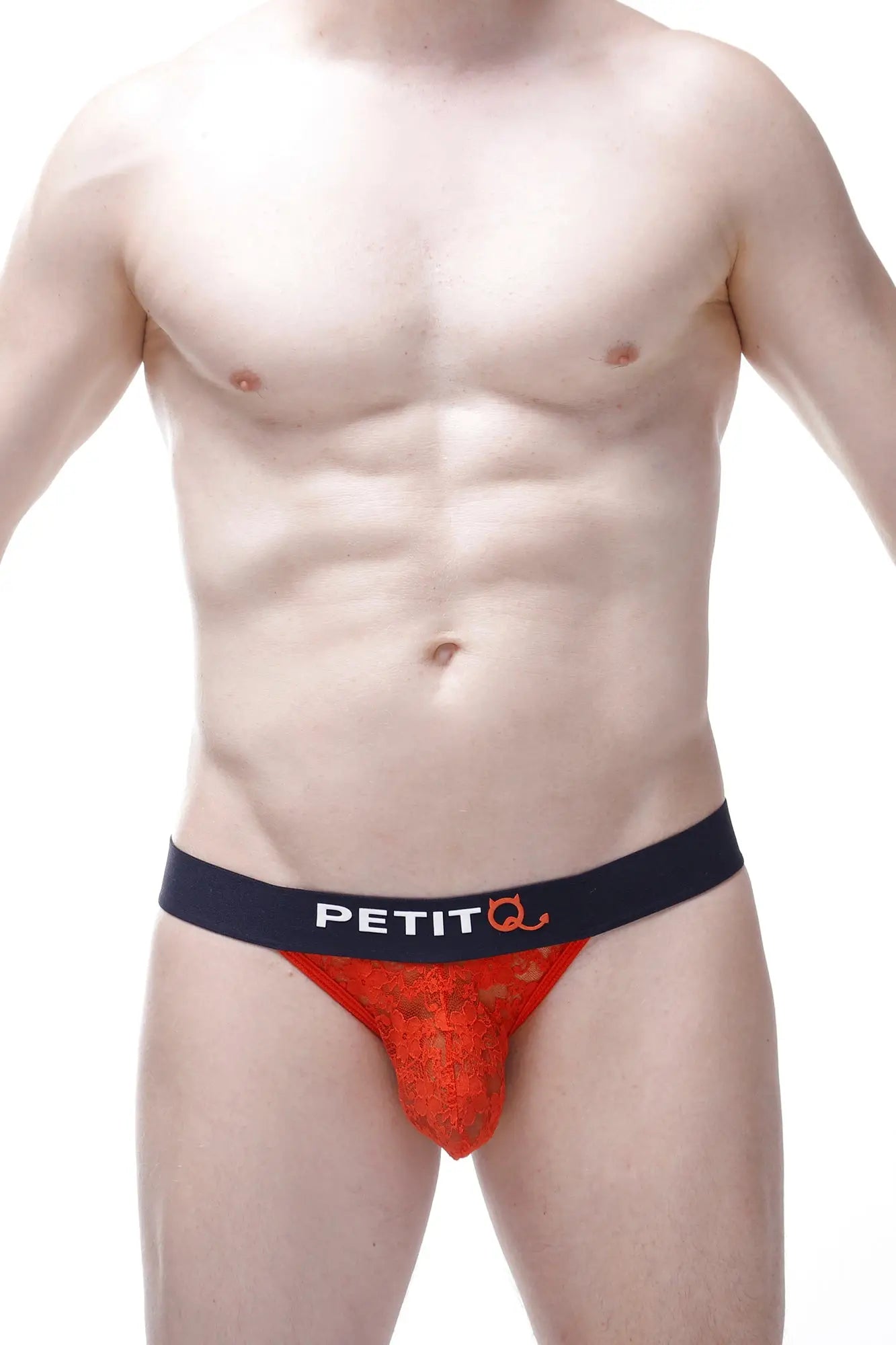 Red lace men’s briefs with a black petitq logo waistband from the petitq g-string aubiat lace red collection