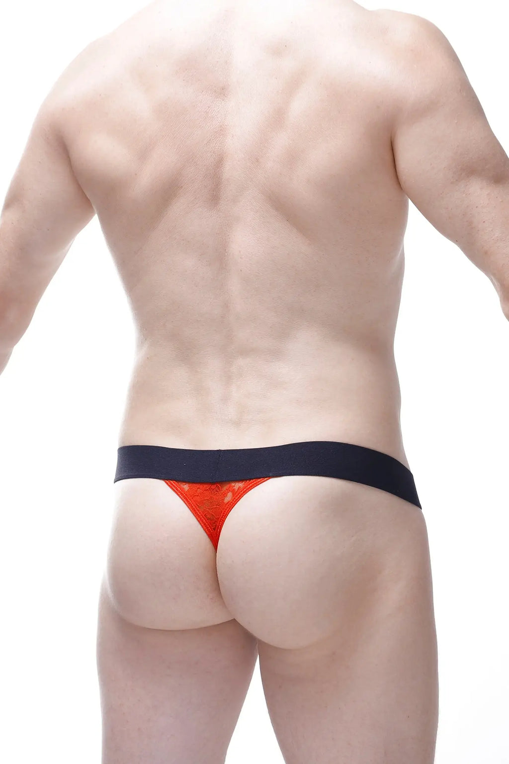 Orange lace thong with black waistband petitq g-string aubiat lace red highlighting delicate lace design