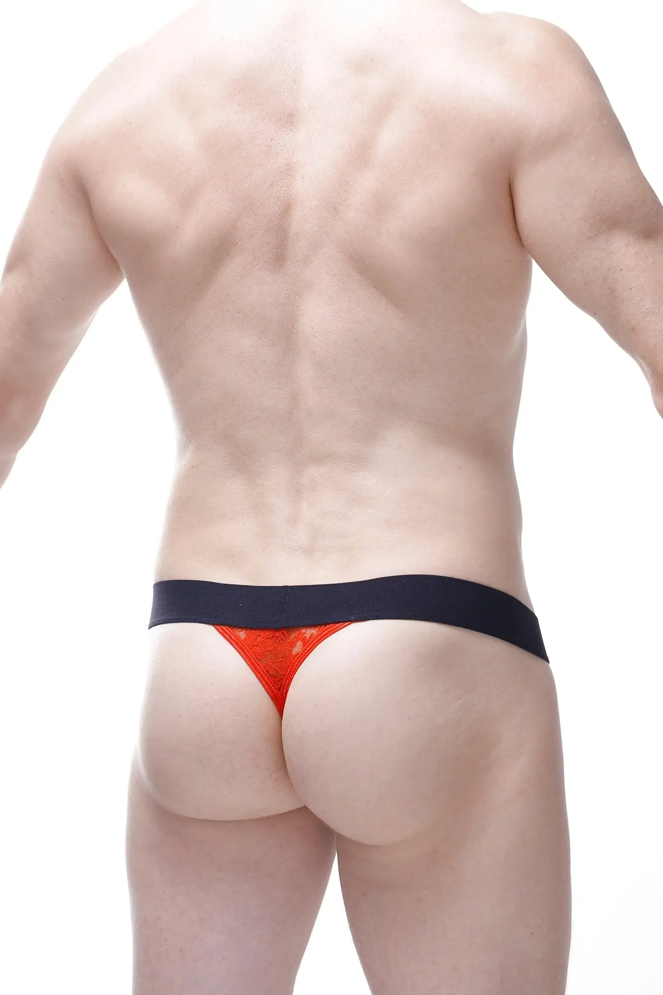 Orange lace thong with black waistband petitq g-string aubiat lace red highlighting delicate lace design