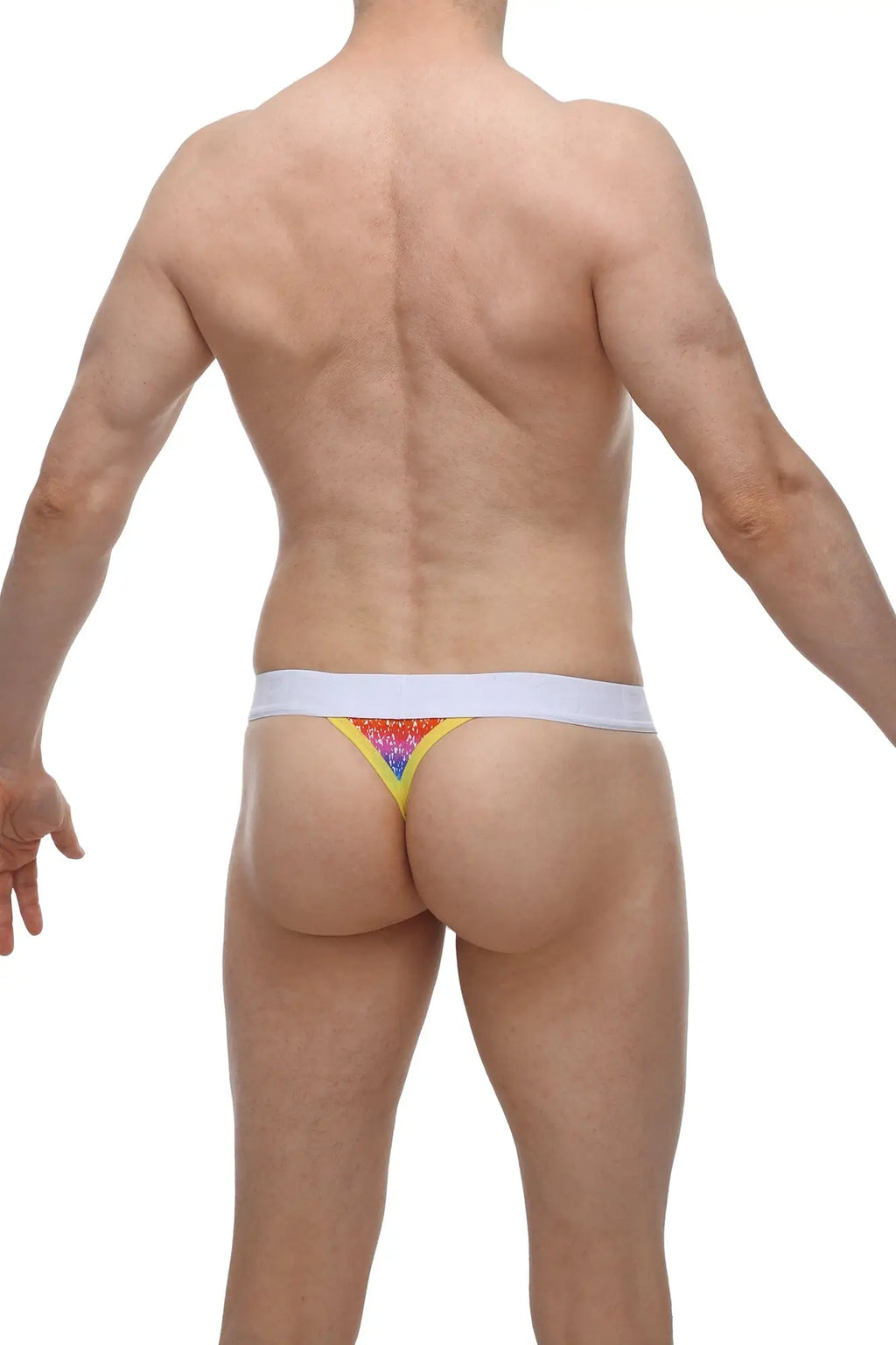 Petitq g-string aubiat rainbow rainbow sequined thong with white waistband showing front side