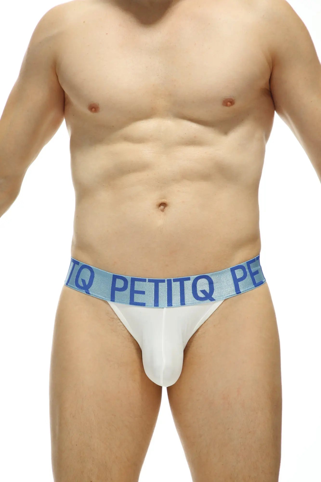 White men’s briefs with light blue elastic waistband and petitq logo made from white Econyl material