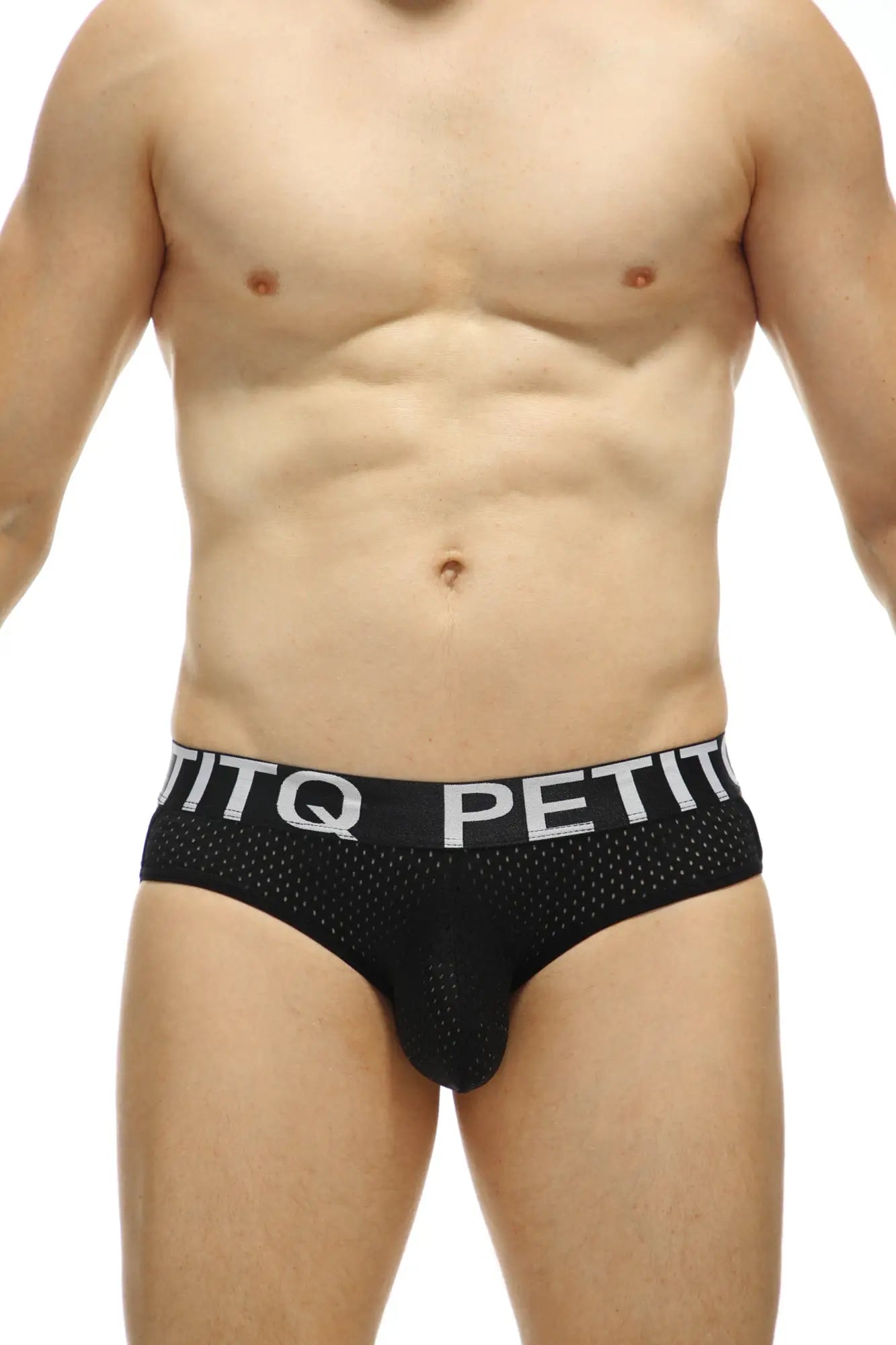 Black mesh briefs with a white petitq logo band in petitq g-string bard bee black product design
