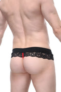 Black lace thong with red string detail showing the back side in petitq g-string blécourt black design