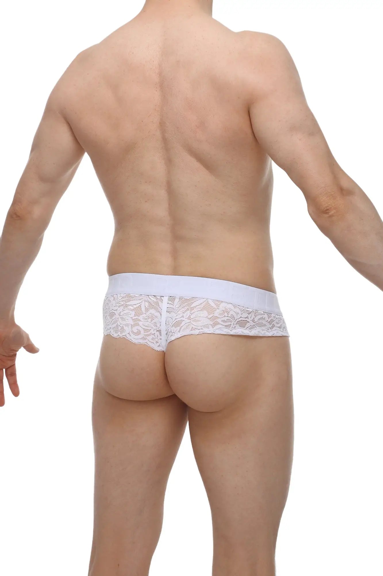 White lace thong with solid white waistband petitq g-string blécourt white shown from the back side