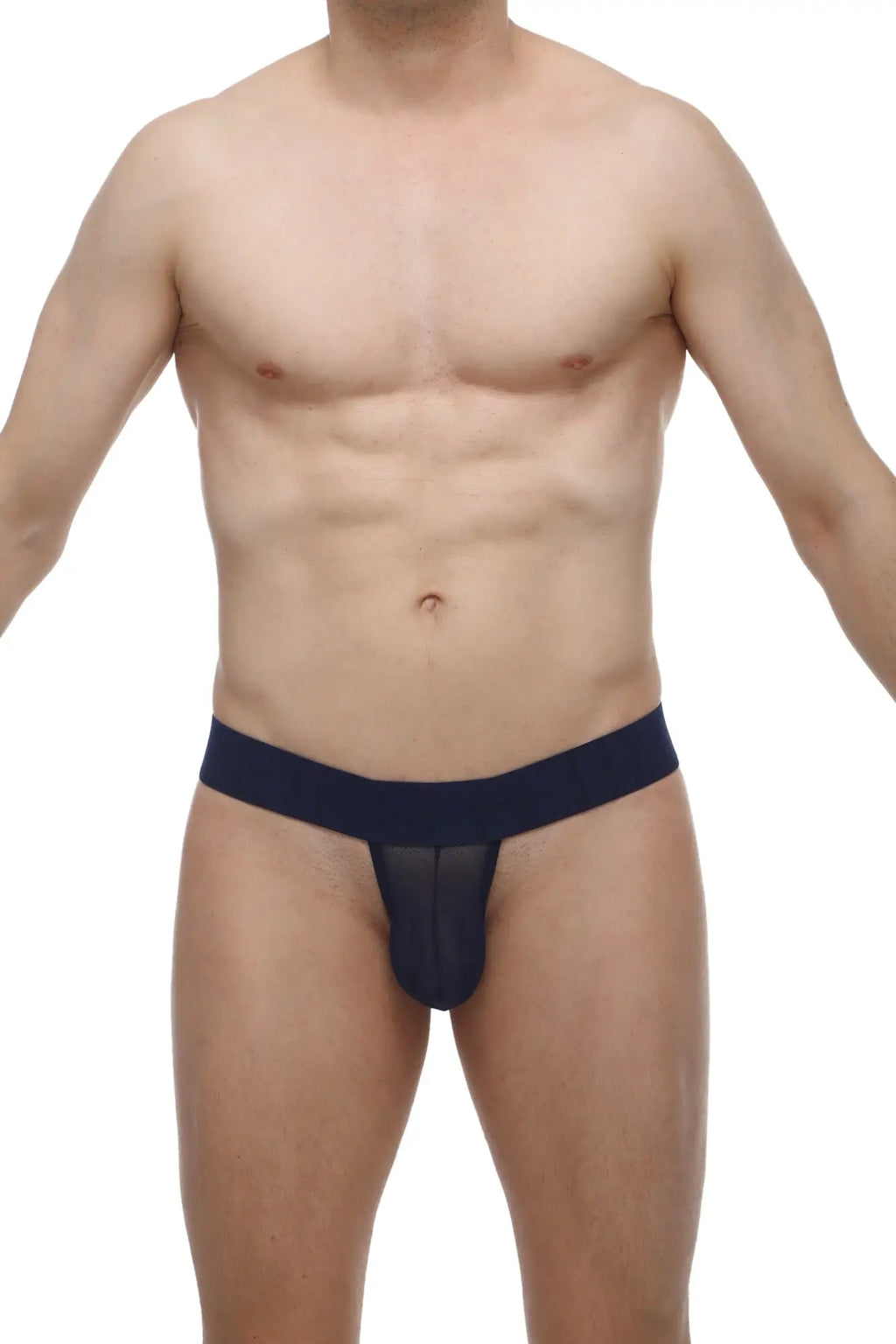 Navy blue mesh thong with solid waistband showing back side from PetitQ G-string Chanac Net Navy collection