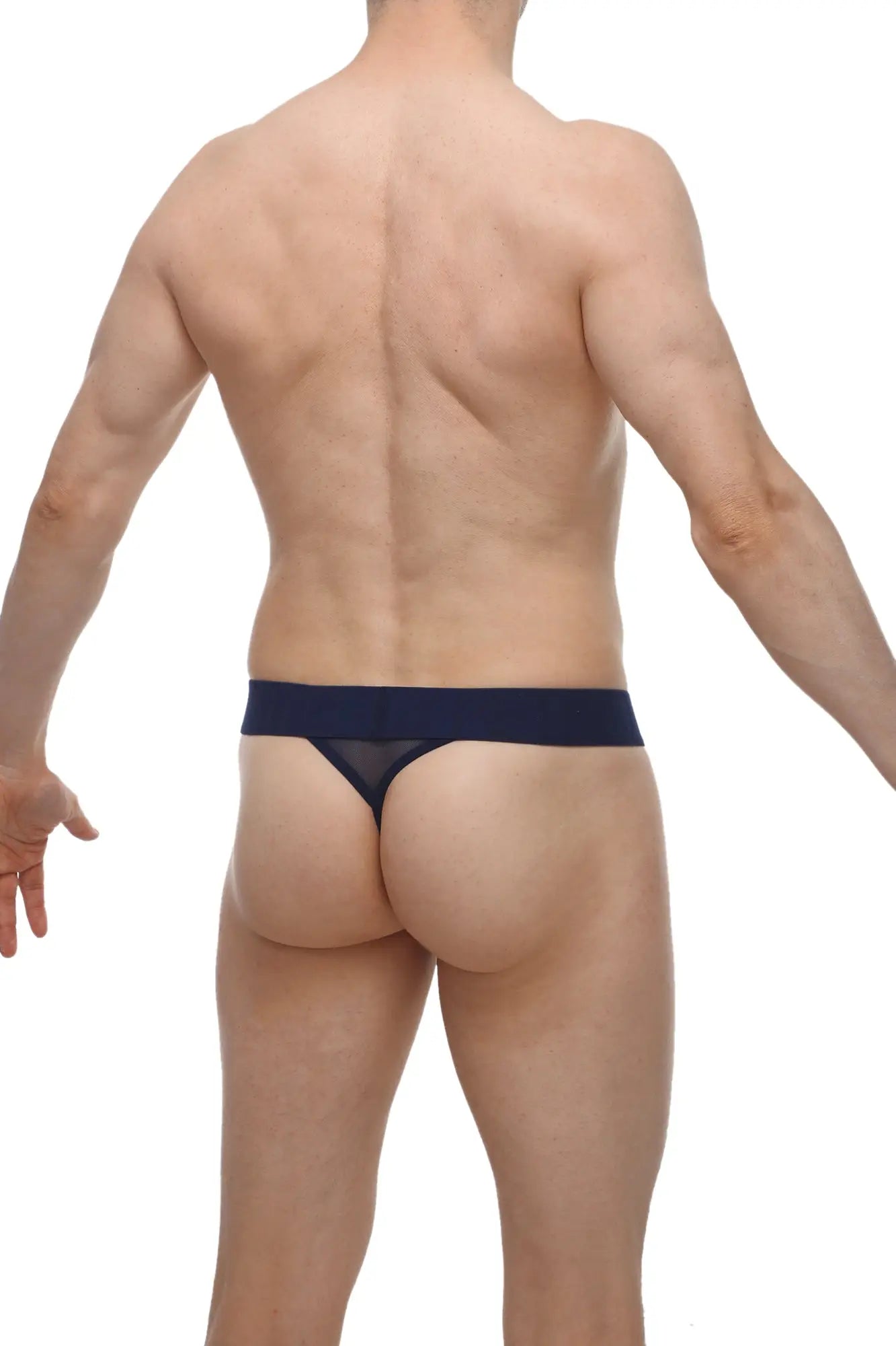 Navy blue mesh thong with a solid waistband by petitq g-string chanac net shown from the back side