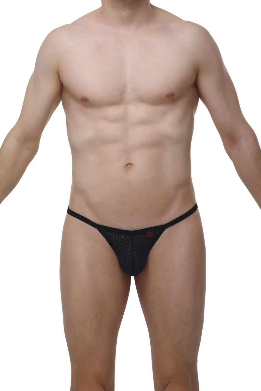 Black mesh thong petitq g-string chely macra with a small red logo on the front