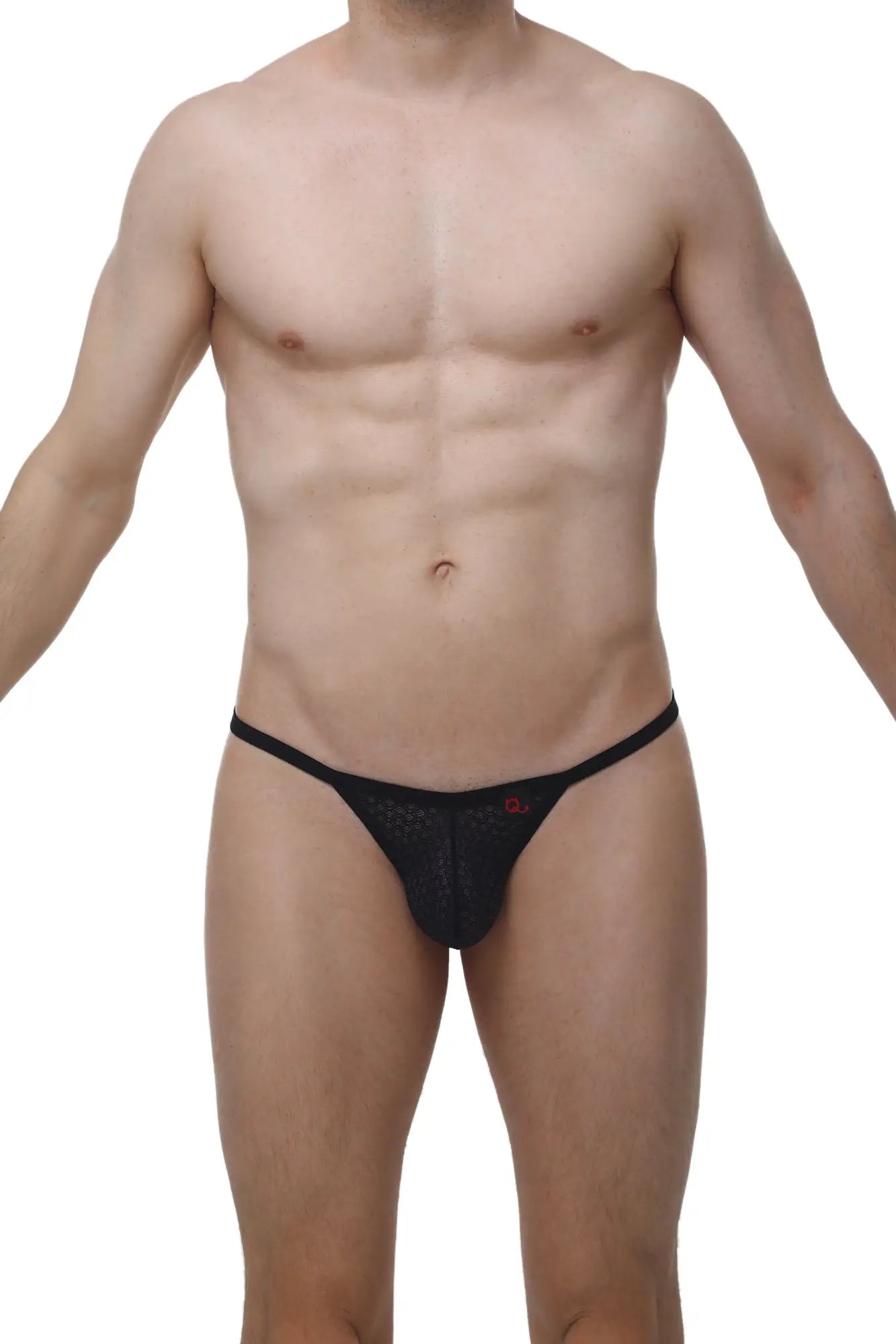 Black mesh thong petitq g-string chely macra with a small red logo on the front