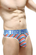 Striped petitq g-string briefs in red blue and black with light blue waistband perfect for chill wear