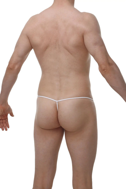White PetitQ G-string cocksak featuring thin seamless fabric straps in new denim material shown from the back side