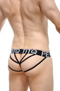 PetitQ G-string Gaston satin black thong with bold strappy design and white lettering across the waistband