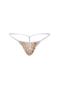 White thong g string petitq herat carlot with orange and white abstract geometric pattern front view