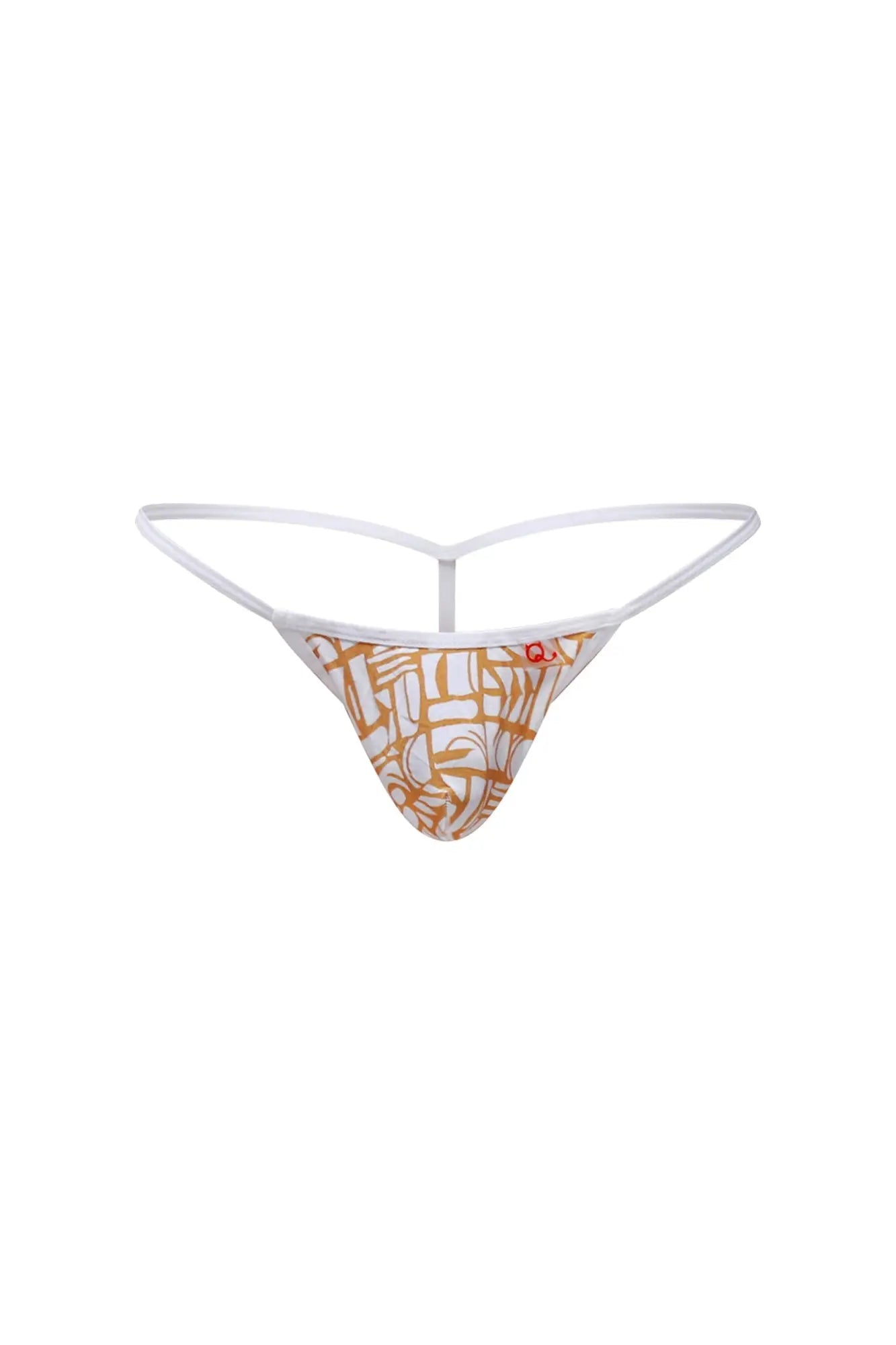 White thong g string petitq herat carlot with orange and white abstract geometric pattern front view