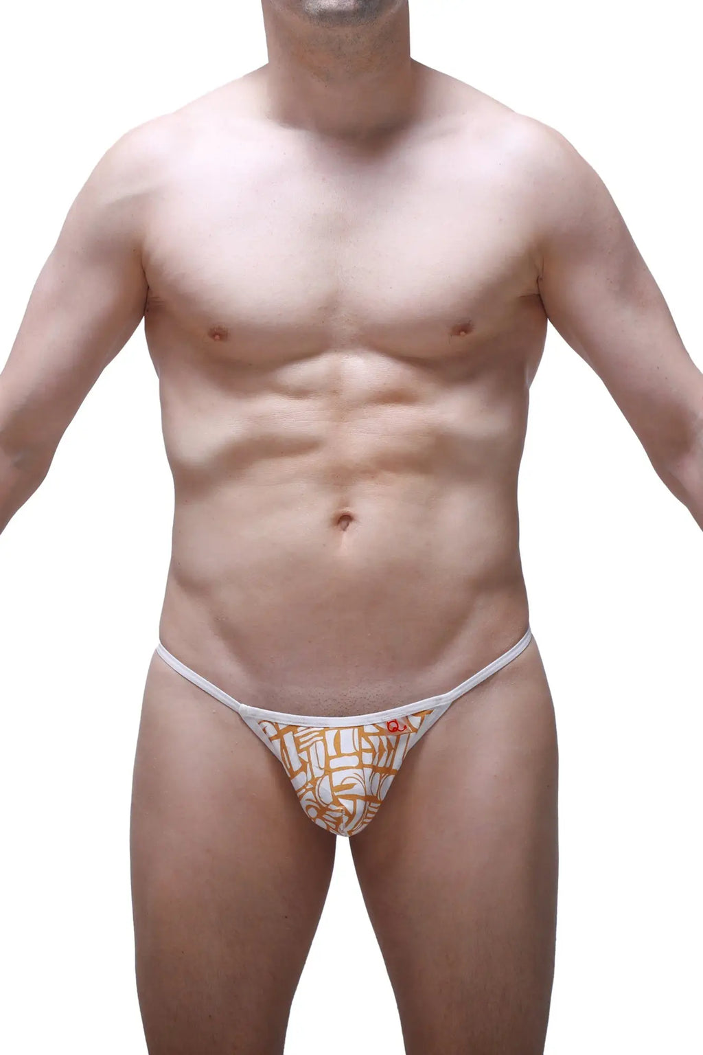 White thong g-string PetitQ Herat Carlot with orange geometric pattern and small red logo on the side
