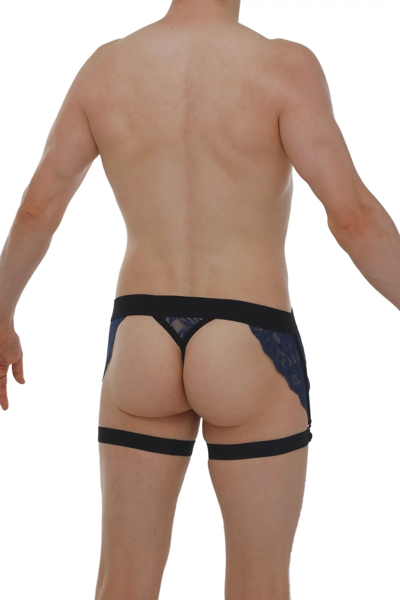Black lace thong g-string with matching leg straps in navy lace showcasing the back side of the lingerie set