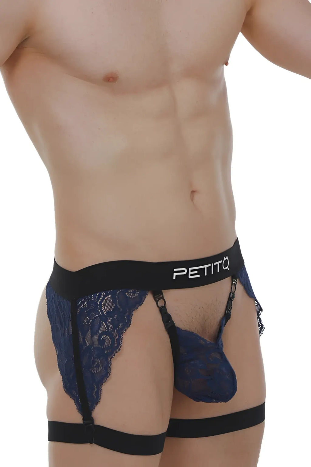 Navy blue lace thong g-string with black elastic waistband and leg straps from petitq featuring lurris lace design