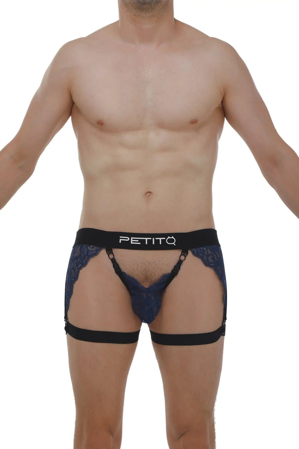Dark blue lace-trimmed men’s briefs g-string lurris lace navy with black elastic waistband and petitq logo