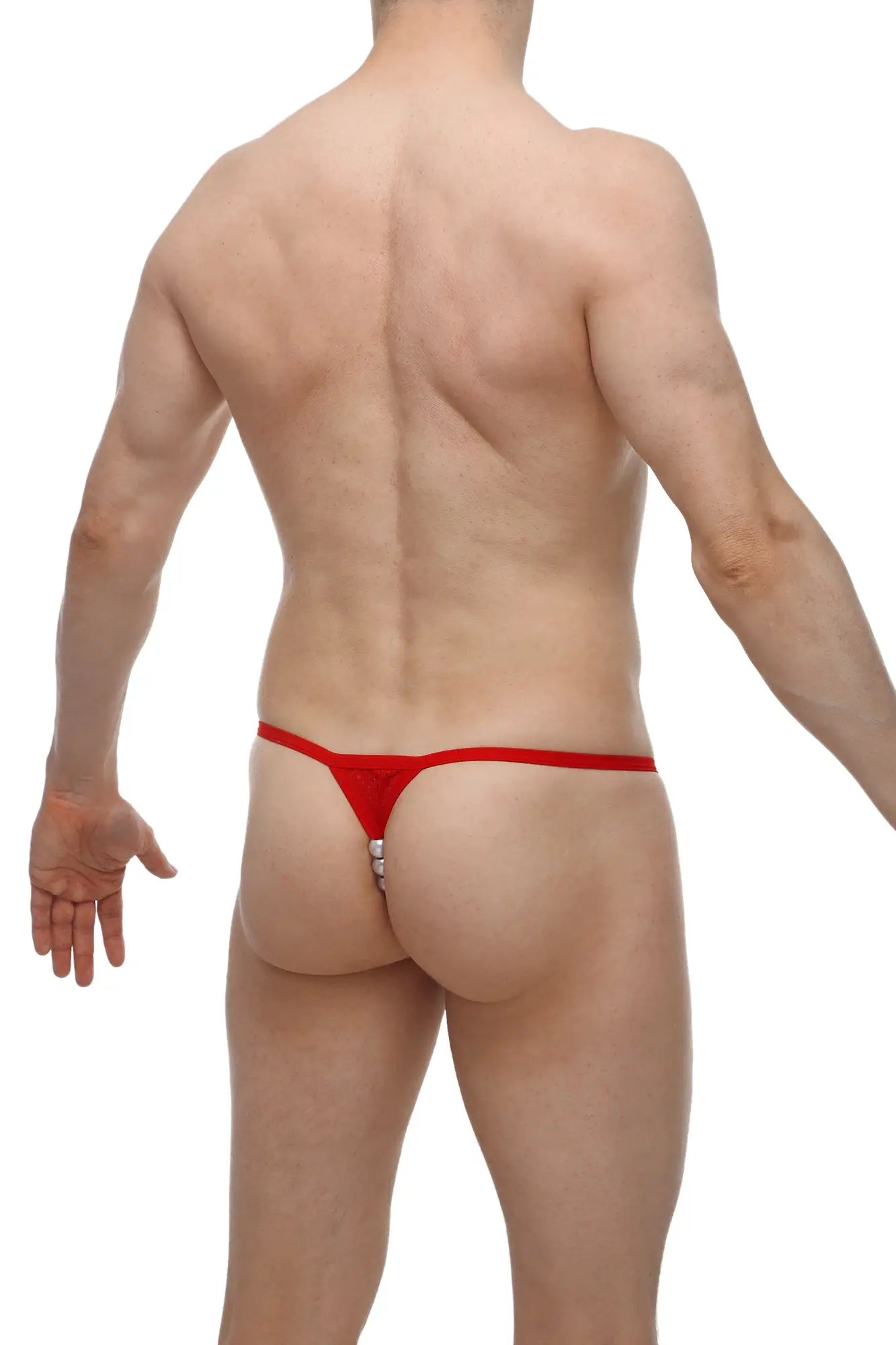 Back view of petitq g-string pearl bee red thong with silver-toned metal clasp and red fabric material