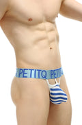Blue and white striped petitq g-string with branded waistband showing the back side of the underwear