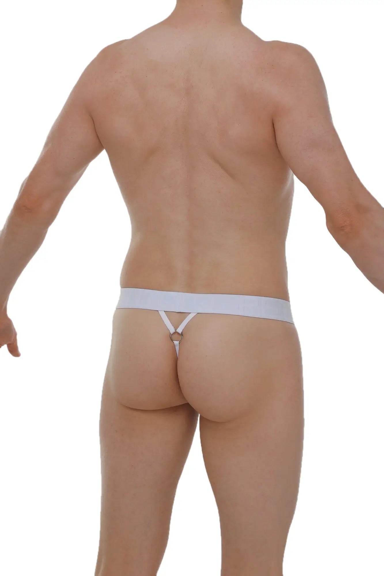 Back view of white saleon rib g-string thong with thin waistband and small metal ring at center made of ribbed fabric