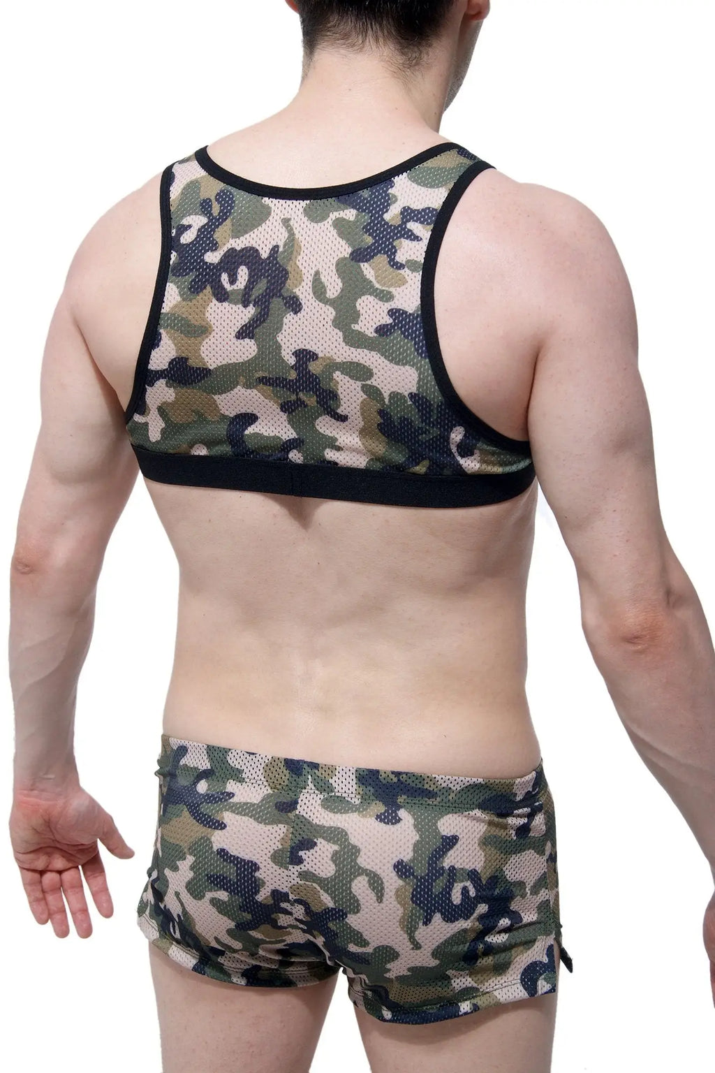Petitq harnais taranis army camouflage mesh tank top with black trim for lightweight breathable wear