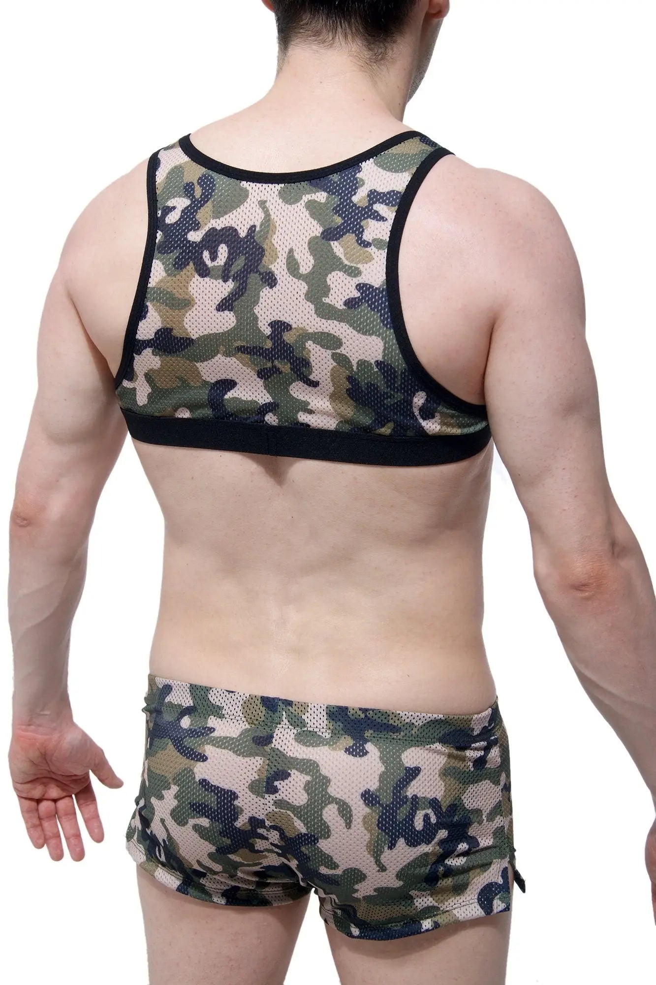 Petitq harnais taranis army camouflage mesh tank top with black trim for lightweight breathable wear