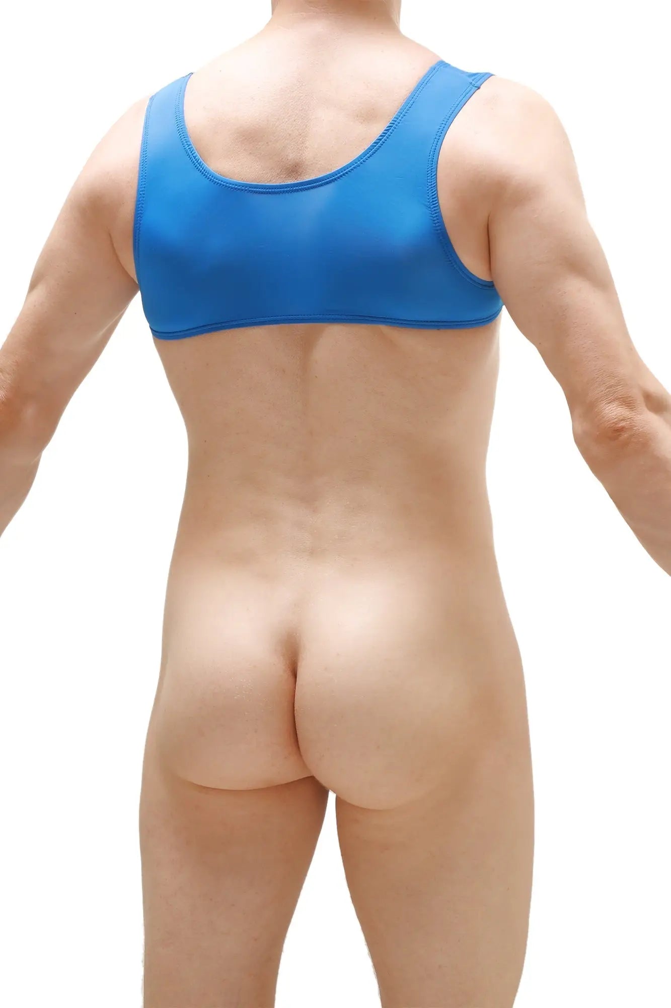 Blue form-fitting seamless sports bra with scoop neckline from petitq harness armix blue collection