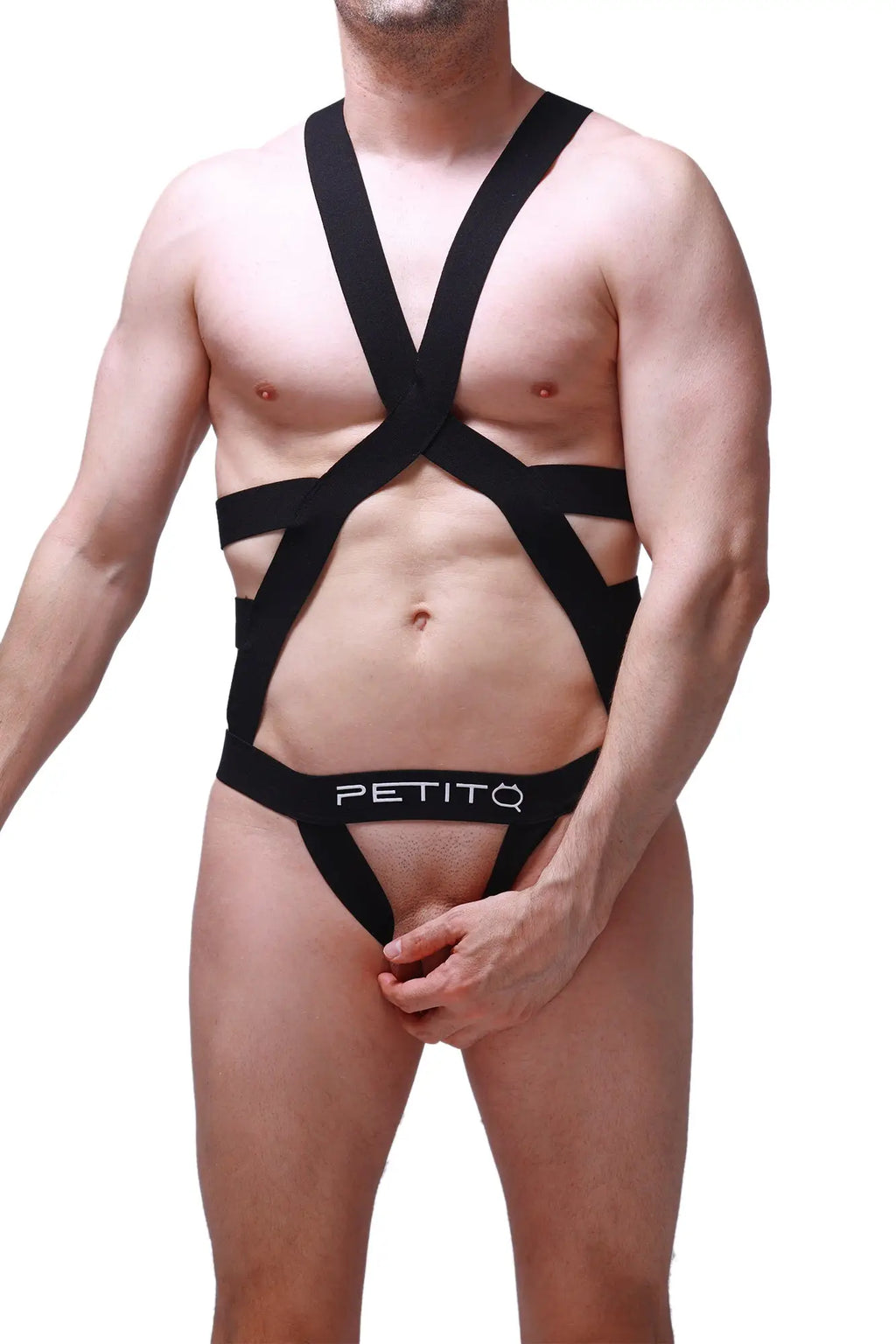 Black petitq jock harness champol bodysuit with crisscross straps and waistband showing back side details