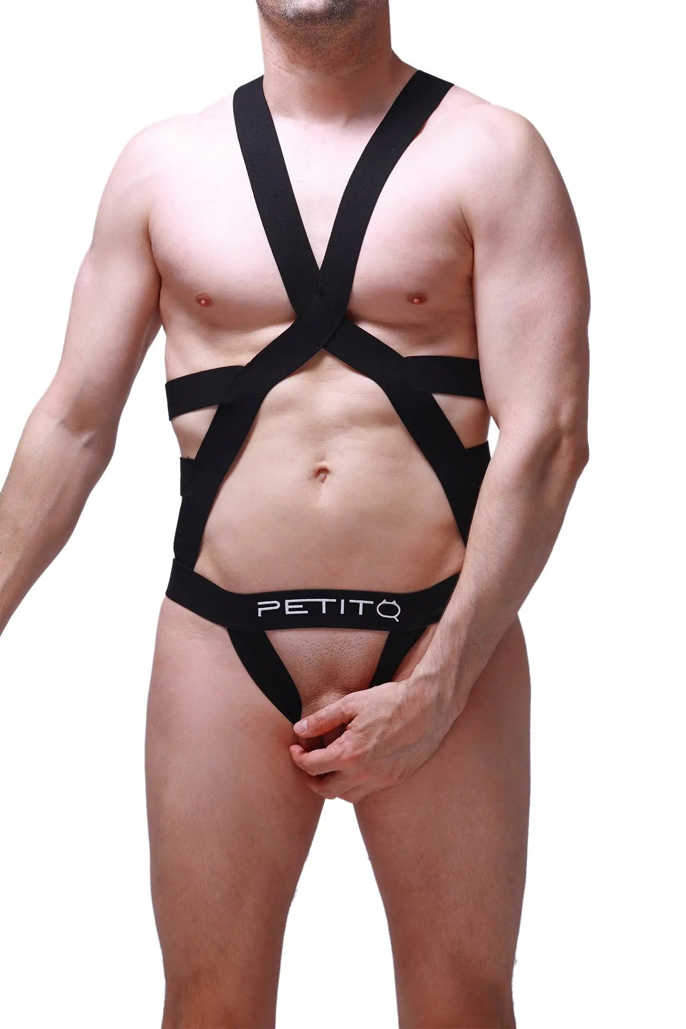 Black petitq jock harness champol bodysuit with crisscross straps and waistband showing back side details