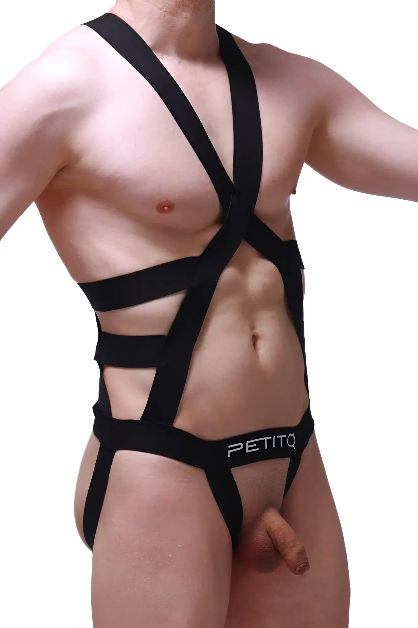 Black petitq jock harness champol bodysuit with crisscross straps and cutout design showing back side
