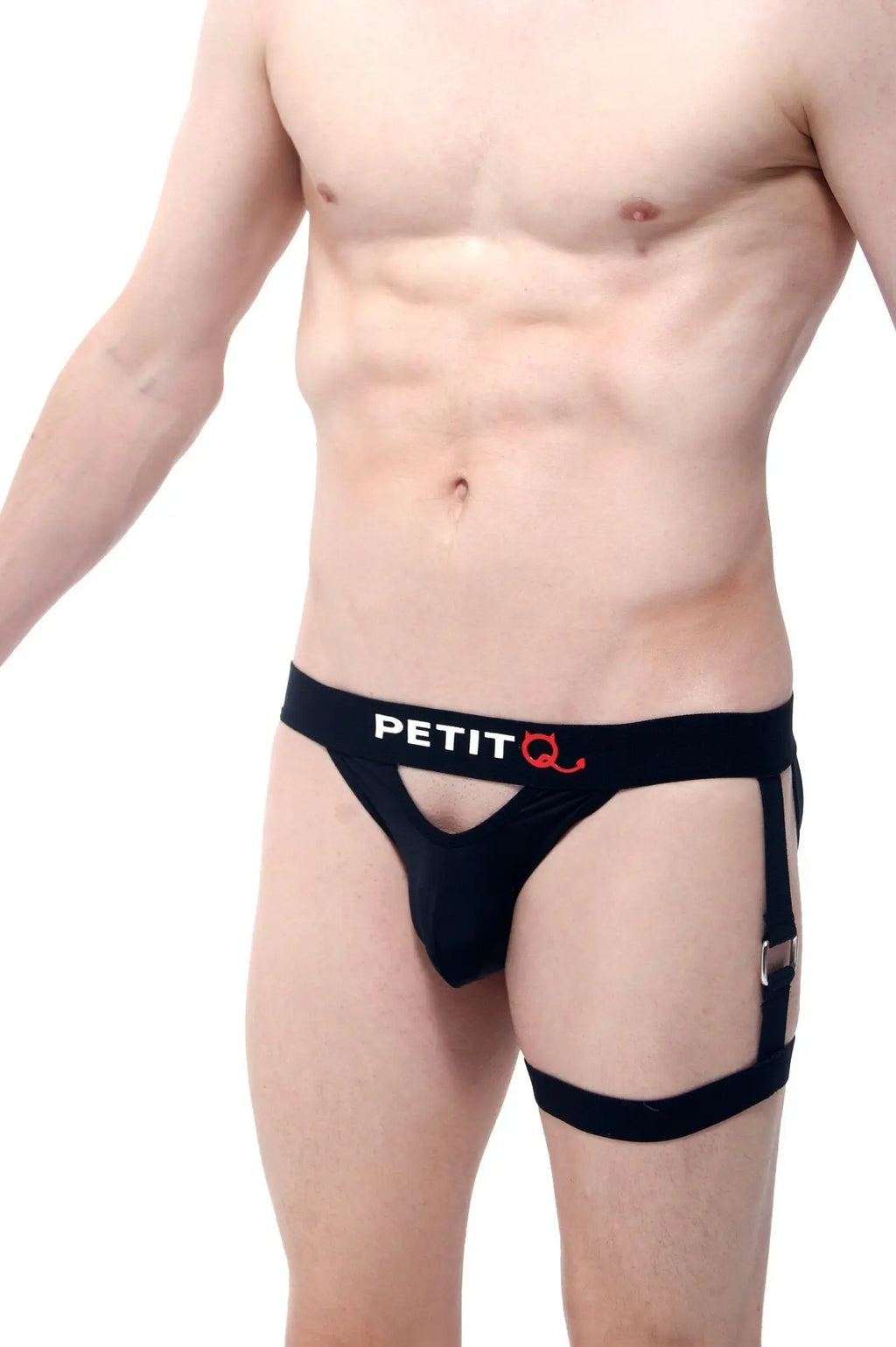 Black petitq men’s briefs with side straps and a red logo designed for comfort and sporty style