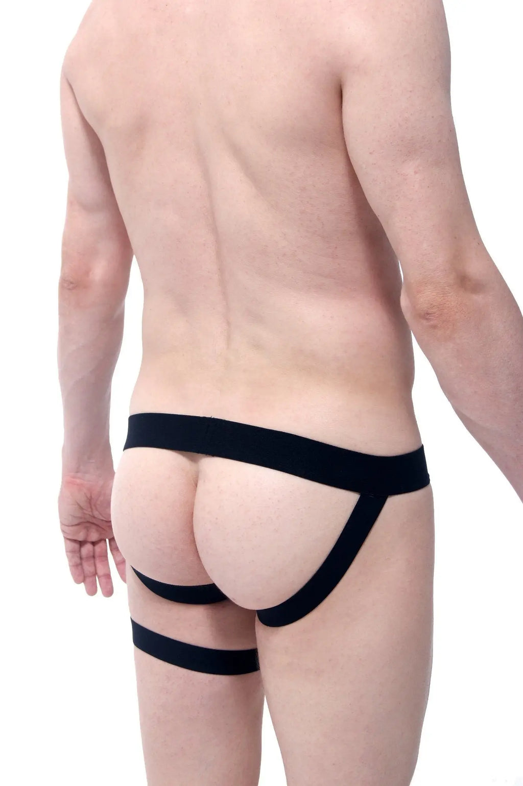 Petitq jockstrap adventure black stretchy fabric briefs with supportive design and leg straps shown from the back
